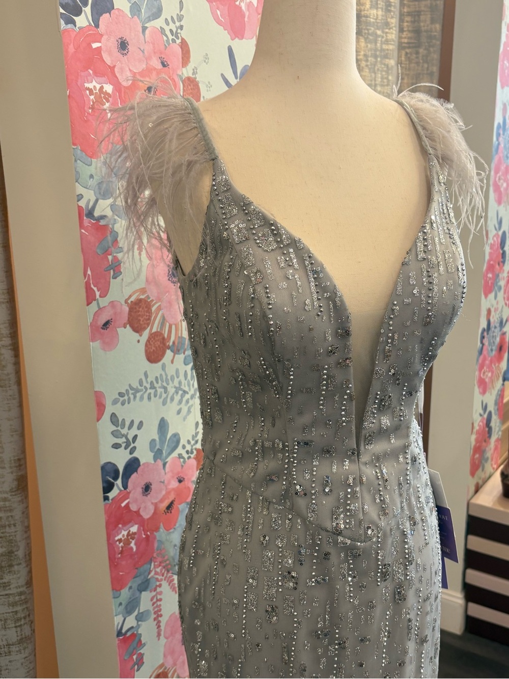 Silver Embellished Feather-Trim Gown - Picture 2 of 6